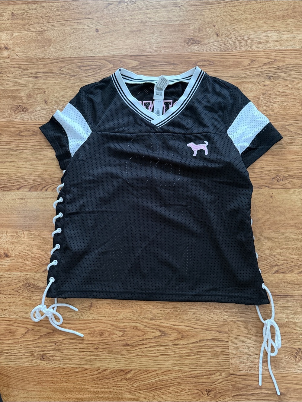 Pink Black Mesh Lace-Up Tee